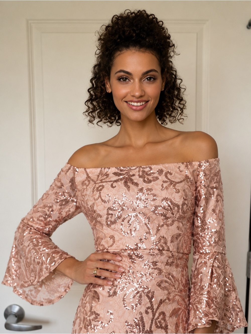 Morgan & Co. Pink & Rose Gold Sequin Dress Off-Shoulder Bodice Ruffle Sleeves